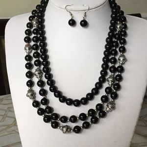 Three layers black glass bead necklace earring set